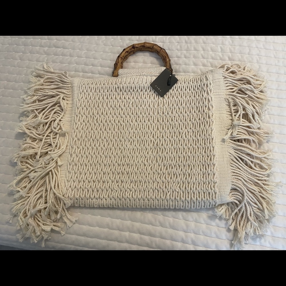 Zara Weaved Fringe Bamboo Handle Beach Bag